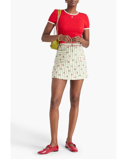 Claudie Pierlot Natural Striped Embroidered Linen Mini Skirt