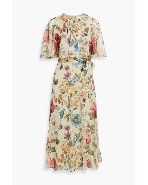 Mikael Aghal Metallic Layered Floral-Print Chiffon Midi Dress