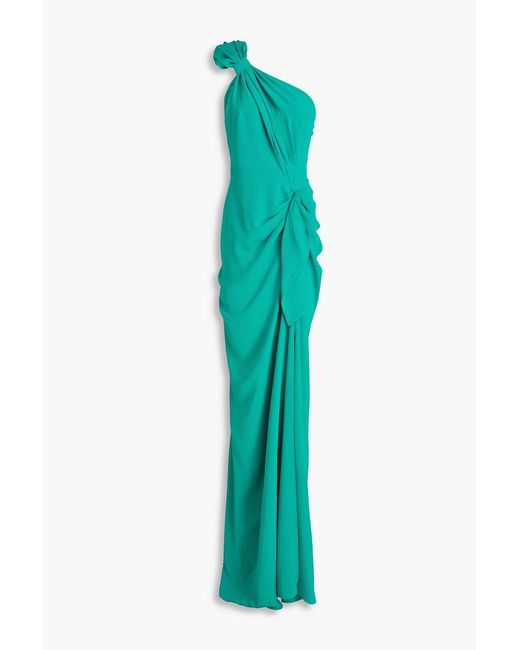 Rhea Costa Green One-shoulder Draped Crepe Gown