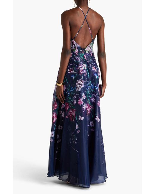 Marchesa Blue Chiffon-paneled Embroidered Floral-print Charmeuse Gown