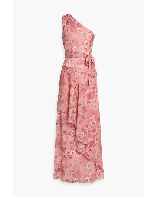 Mikael Aghal Pink One-Shoulder Floral-Print Georgette Maxi Dress