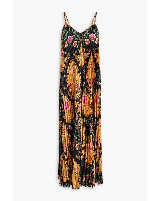 Farm Rio Metallic Pleated Floral-Print Satin Maxi Slip Dress