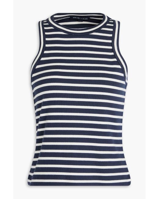 Veronica Beard Blue Jordyn Striped Ribbed Stretch-Pima Cotton Jersey Tank