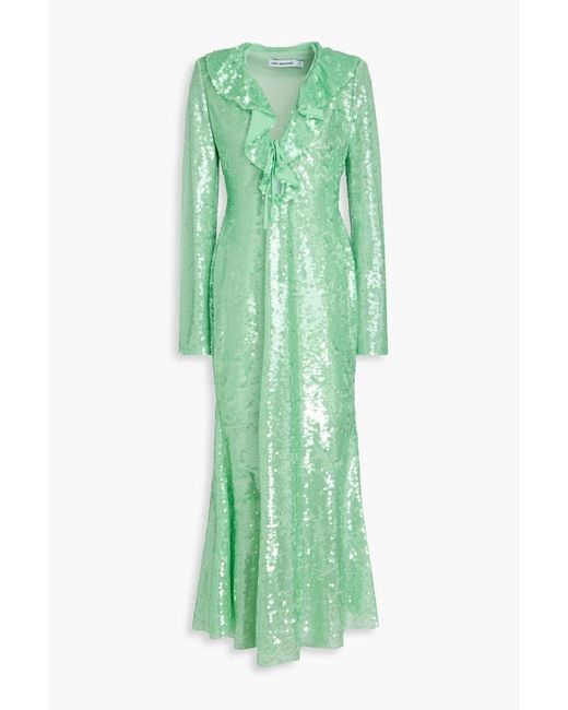 Self-Portrait Green Ruffled Sequined Mesh Midi Dress