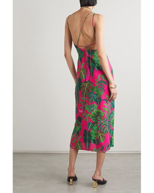 Farm Rio White Gathered Printed Crepe Midi Dress