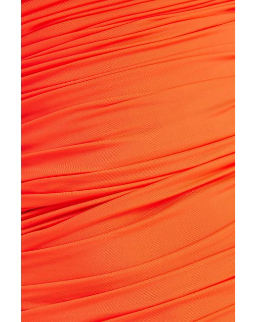 Alex Perry Orange Trägerloses midikleid aus neonfarbenem stretch-jersey mit raffungen