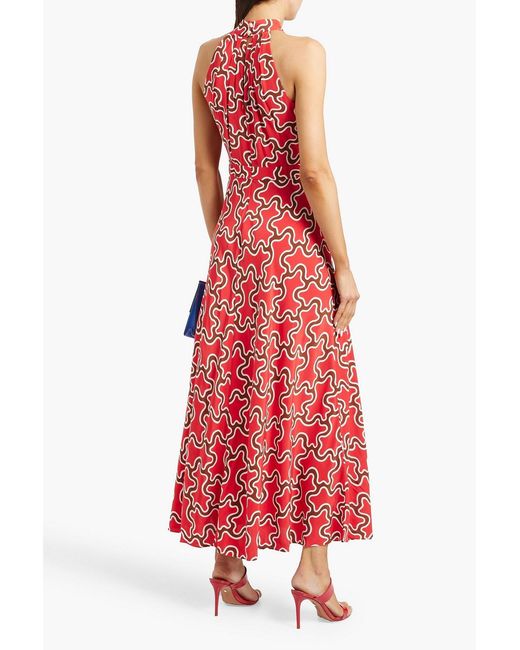 Diane von Furstenberg Red Nyck Cutout Printed Crepe De Chine Maxi Dress