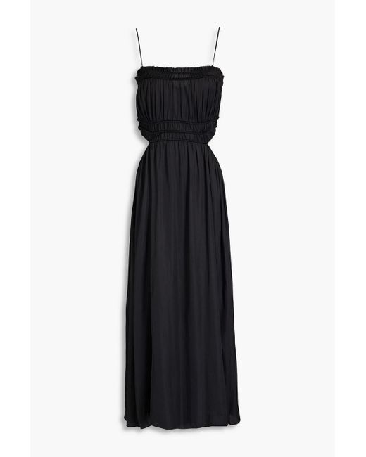 Maje Black Cutout Shirred Satin Midi Dress