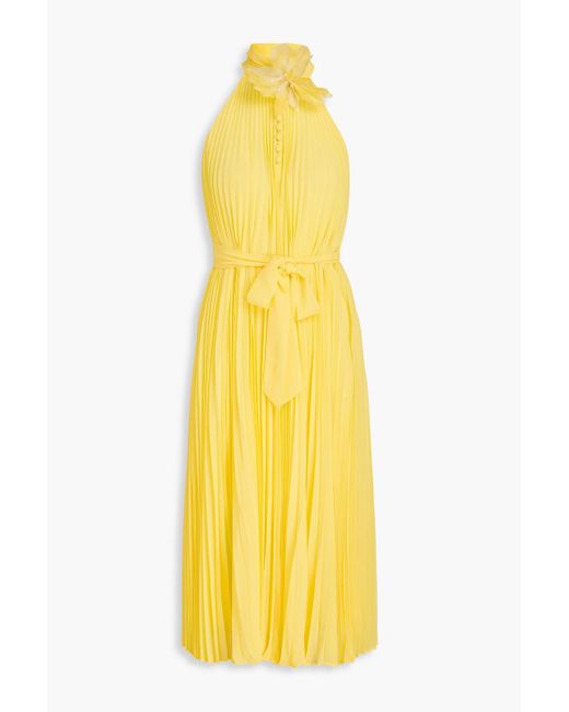 Zimmermann Yellow Appliquéd Pleated Georgette Midi Dress
