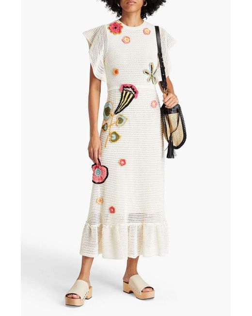 RED Valentino White Floral-appliquéd Crochet-knit Cotton Midi Dress
