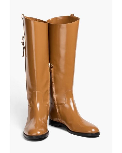 Sergio Rossi Brown Buckled Glossed-leather Knee Boots