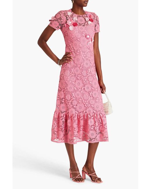RED Valentino Pink Floral-appliquéd Macramé Lace Midi Dress