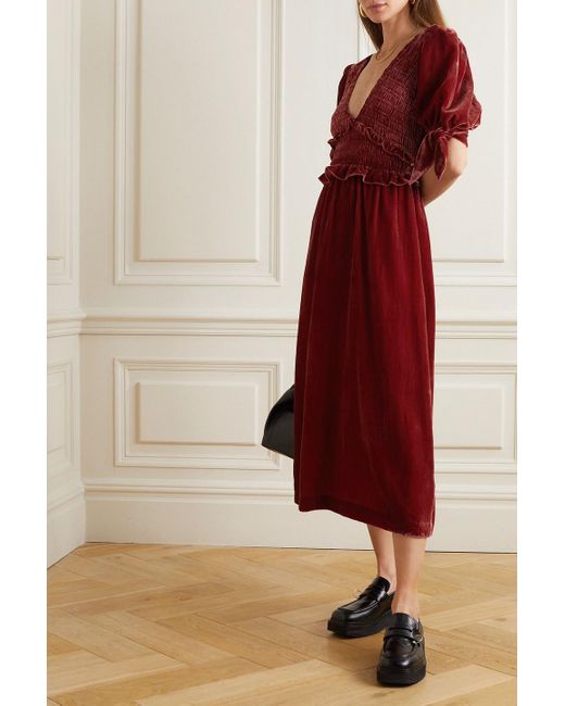 Sea Red Mayde Open-back Smocked Velvet Midi Dress
