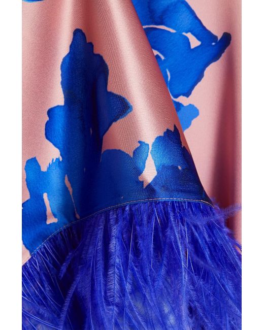 Huishan Zhang Blue Kleid aus satin mit floralem print und federverzierung