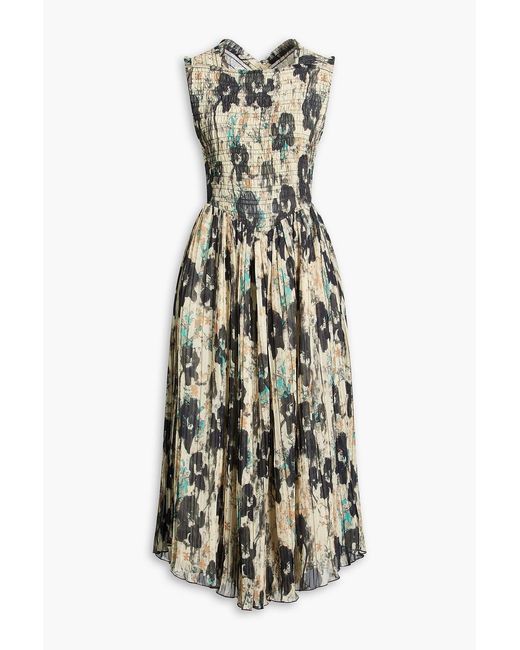 Ganni White Pleated Printed Crepe De Chine Midi Dress