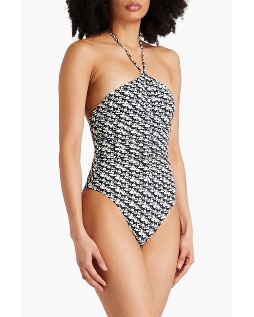 Solid & Striped White The Mina Ruched Printed Halterneck Swimsuit