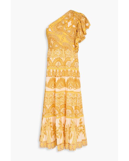 Farm Rio Metallic One-shoulder Ruffled Printed Tm And Cotton-blend Midi Dress