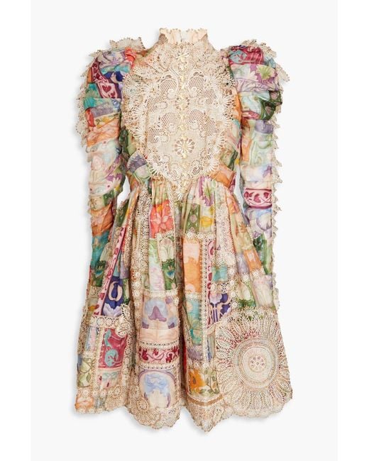 Zimmermann Multicolor Lace-paneled Floral-print Linen And Silk-blend Mini Dress