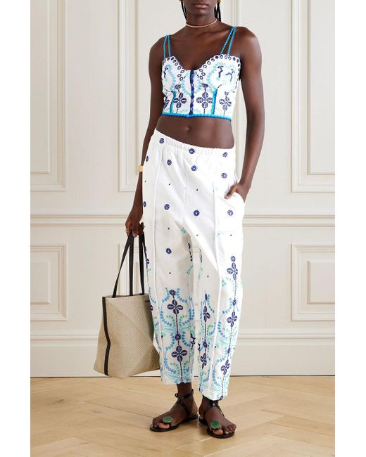 Charo Ruiz Blue Lya Cropped Broderie Anglaise Cotton-blend Wide-leg Pants