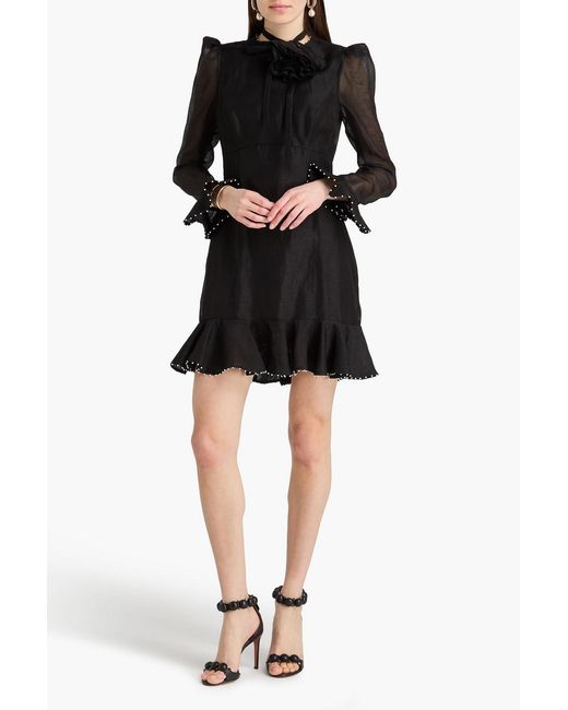 Zimmermann Black Ruffled Embellished Linen And Silk Blend-Gauze Mini Dress