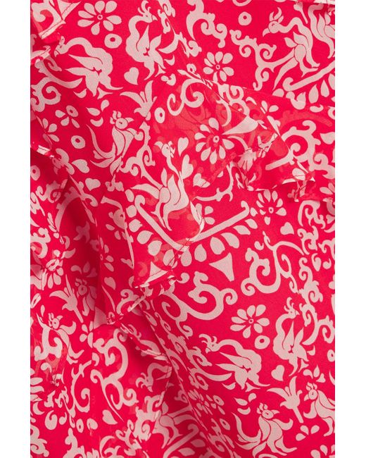 Saloni Red Victoria Ruffled Printed Silk Crepe De Chine Midi Dress