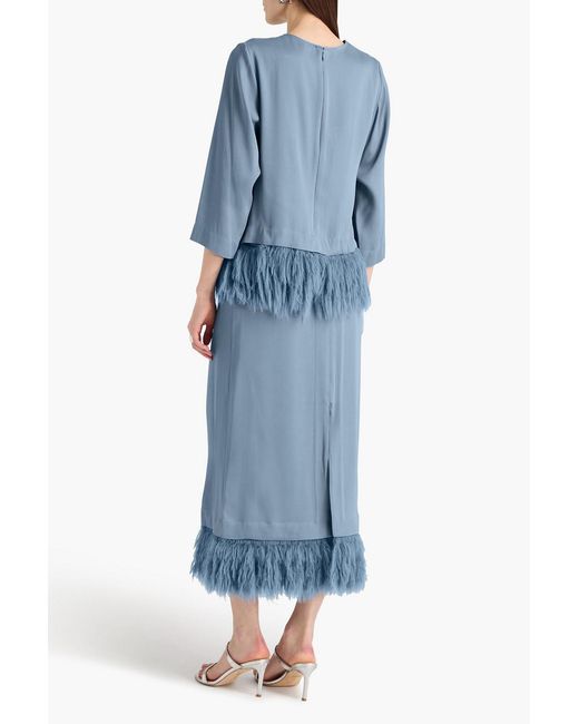 By Malene Birger Blue Feather-Trimmed Satin-Crepe Top