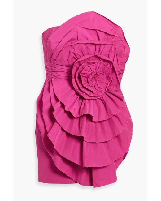 Marchesa Pink Strapless Floral-Appliquéd Ruffled Taffeta Mini Dress