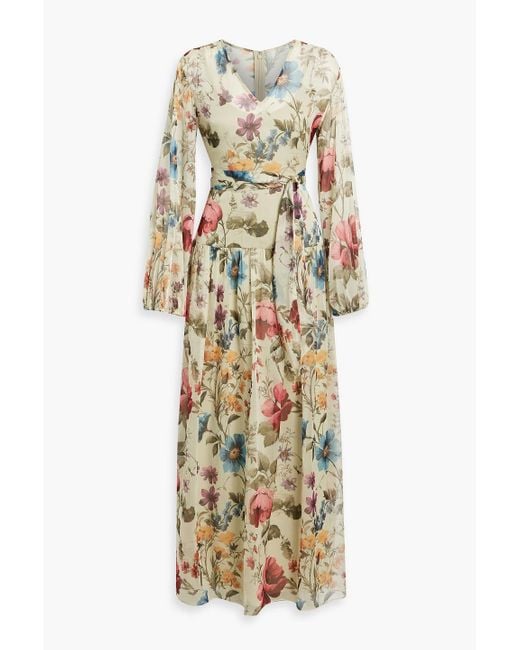 Mikael Aghal Metallic Maxikleid aus chiffon mit floralem print und gürtel