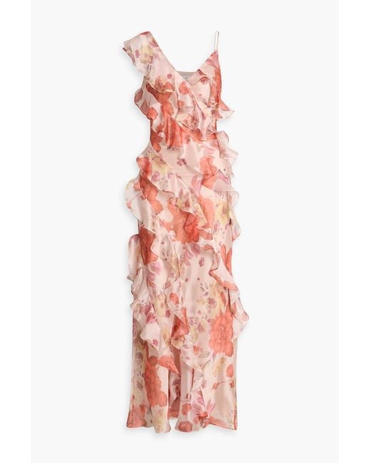 Mikael Aghal Pink Ruffled Floral-Print Satin Maxi Dress