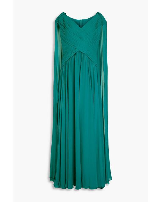 Elie Saab Green Cape-Effect Gathered Silk-Blend Chiffon Gown