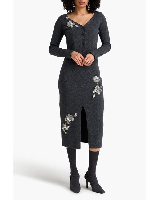 Erdem Black Embellished Stretch-Knit Midi Pencil Skirt