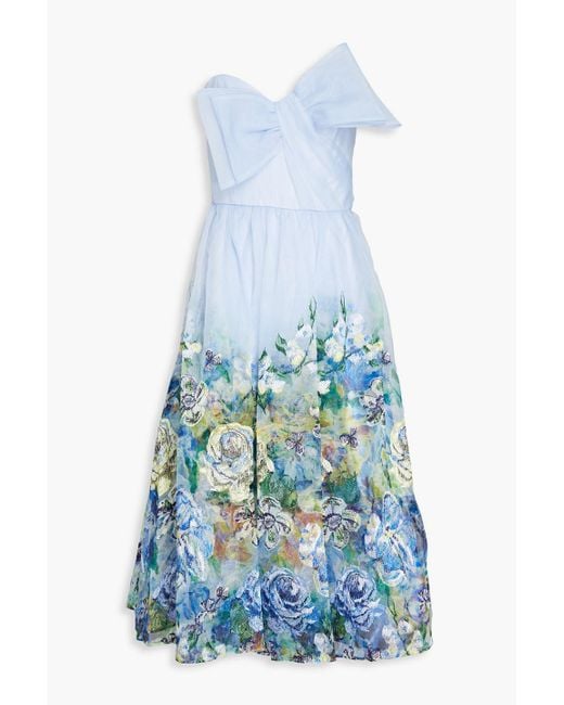Marchesa Blue Strapless Bow-detailed Floral-print Organza Midi Dress