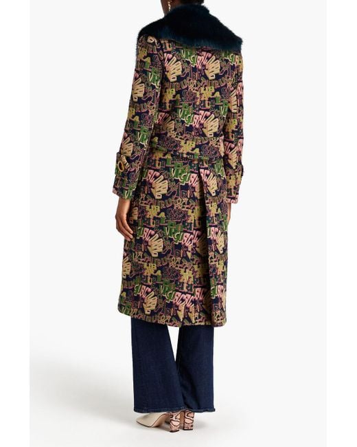 Zimmermann Blue Faux Fur-trimmed Double-breasted Jacquard Coat