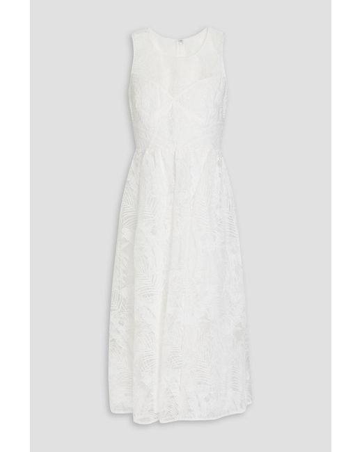 ML Monique Lhuillier White Embroidered Tulle Midi Dress