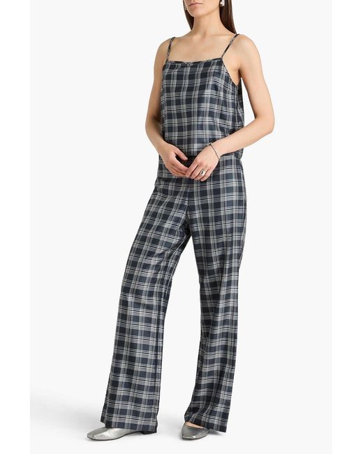Theory Gray Checked Silk-twill Top