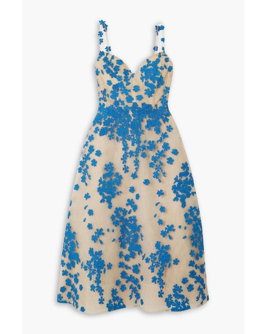 Monique Lhuillier Blue Appliquéd Tulle Midi Dress