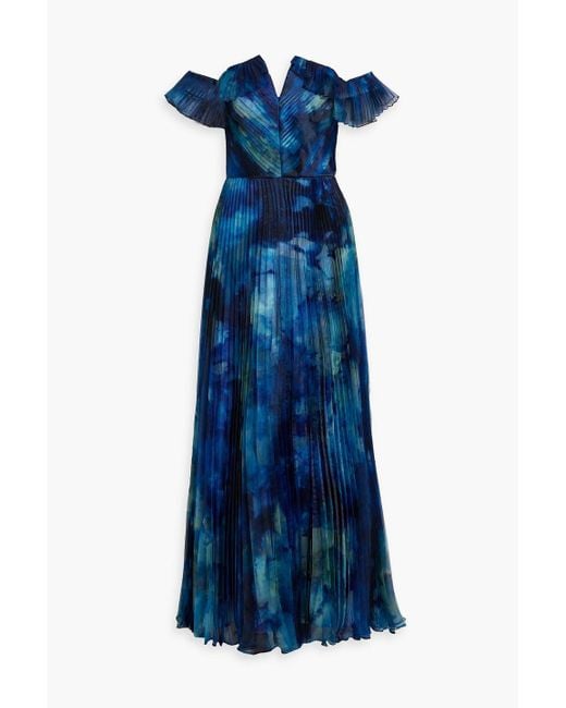 THEIA Blue Schulterfreie robe aus organza mit falten und print