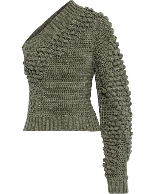 Helmut Lang One-shoulder Metallic Textured-knit Sweater in Green | Lyst