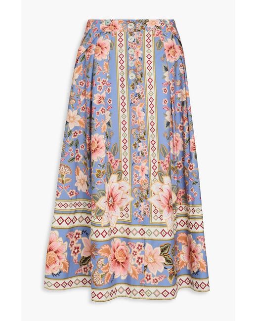 Farm Rio Blue Pleated Floral-Print Cotton-Poplin Midi Skirt