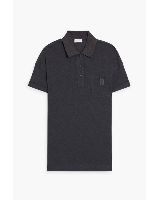 Brunello Cucinelli Black Bead-embellished Mélange Cotton-jersey Polo Shirt