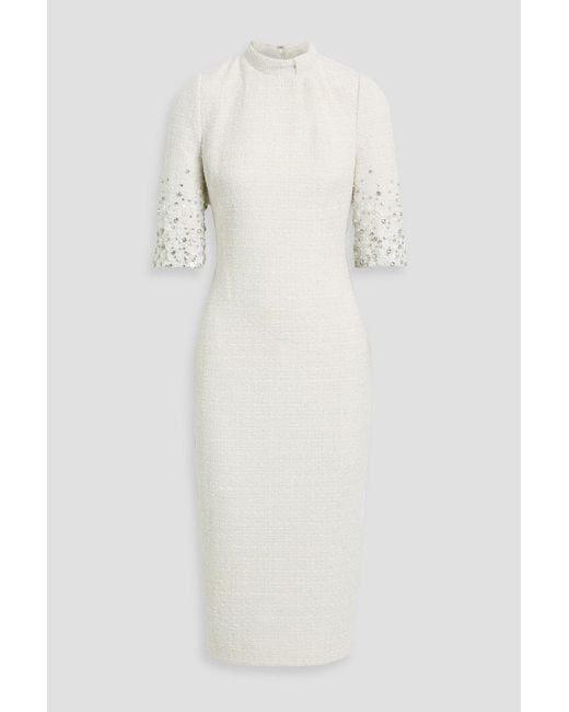 Badgley Mischka White Embellished Tweed Midi Dress