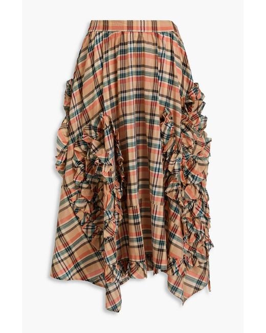 Ulla Johnson Brown Annine Ruffled Checked Cotton And Silk-blend Voile Midi Skirt