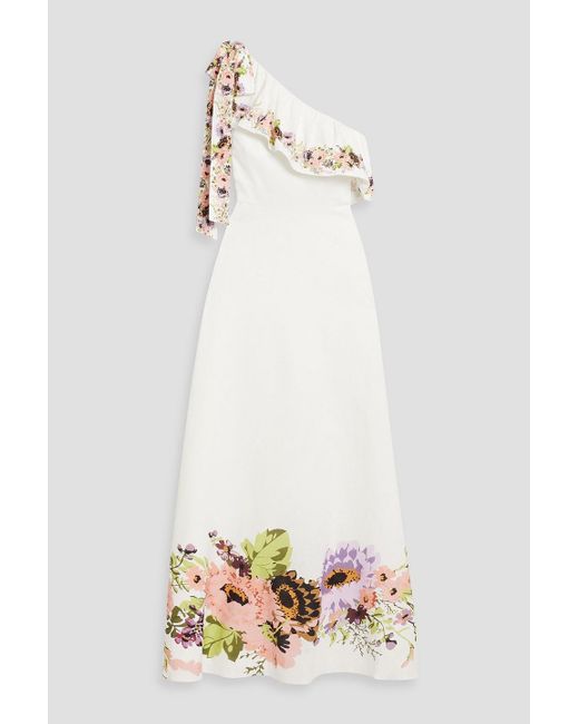 Mikael Aghal White One-shoulder Floral-print Cotton And Linen-blend Maxi Dress