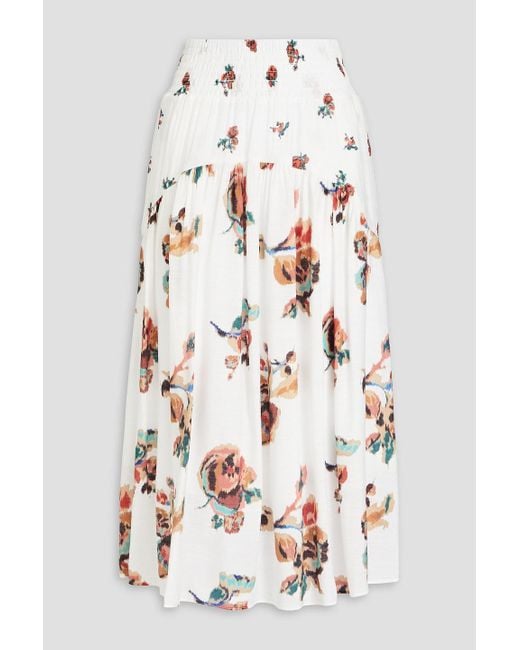 Vince White Shirred Floral-print Gauze Midi Skirt