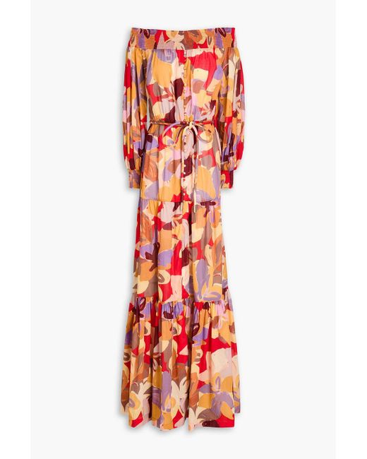 Rebecca Vallance Red Off-the-shoulder Printed Cotton-voile Maxi Dress