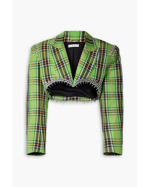 Area Green Cropped Embellished Checked Wool-blend Blazer