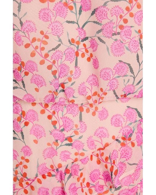 Saloni Pink Isa Ruffled Floral-Print Silk-Chiffon Midi Dress