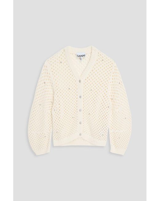Ganni Natural Crystal-Embellished Open-Knit Cotton Cardigan
