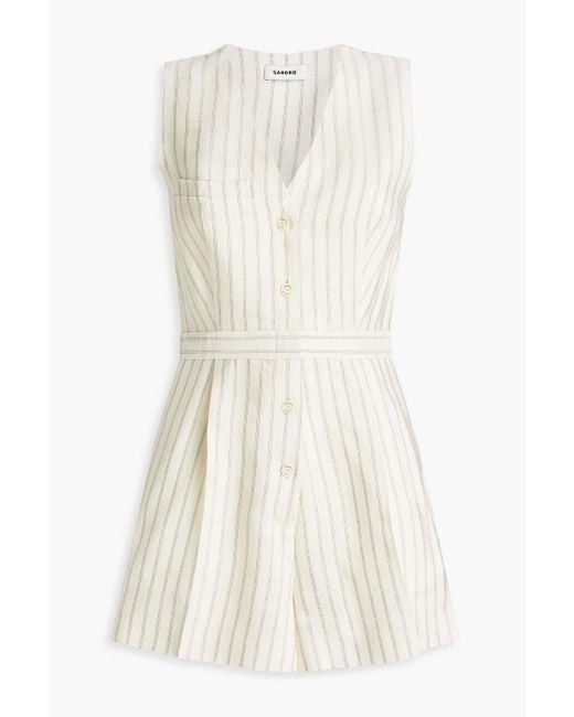 Sandro White Pleated Striped Woven Playsuit