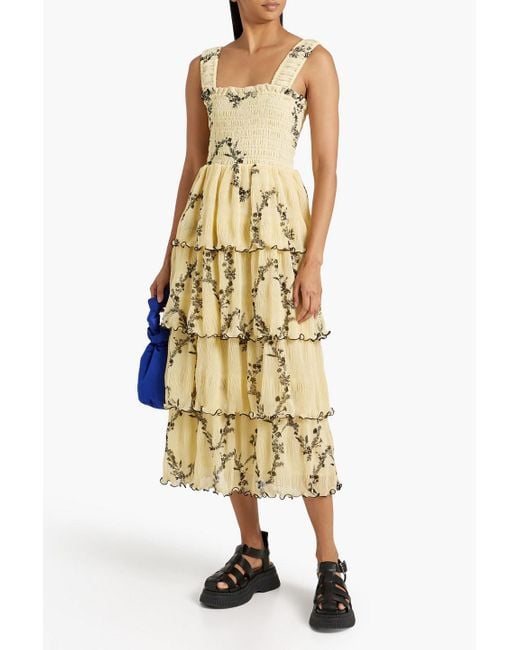 ganni floral print pliss georgette midi dress Ganni Floral-print Pliss-georgette Midi Dress In Lavender